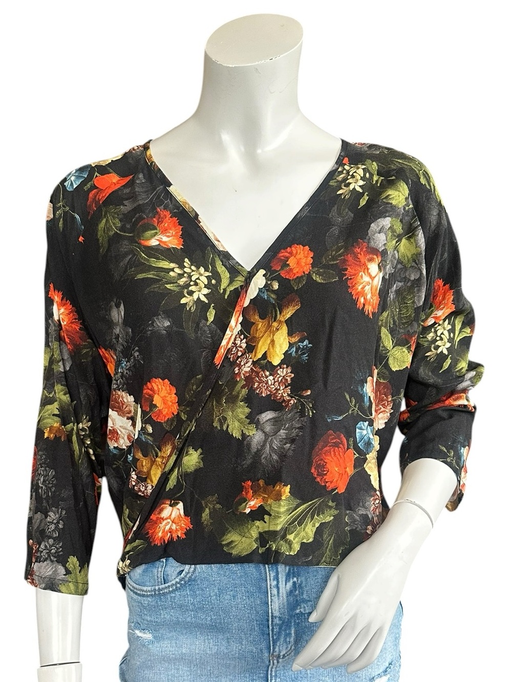 Anthropologie The Odells Black Moody Gothic Floral Faux Wrap V Neck Blouse XS